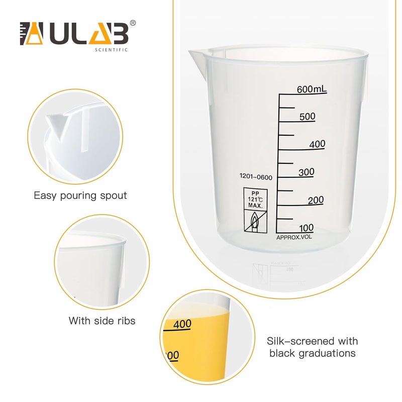 ULAB Scientific Stackable Graduated Plastic Beakers, 4pcs of Vol.600ml(20.29oz), with Easy-to-Read Printings in Black, UBP1026 - Image 3